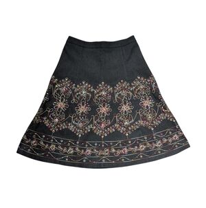 Hazel Boho Embellished Embroidered Floral Sequin A-Line Skirt LARGE Black Pink